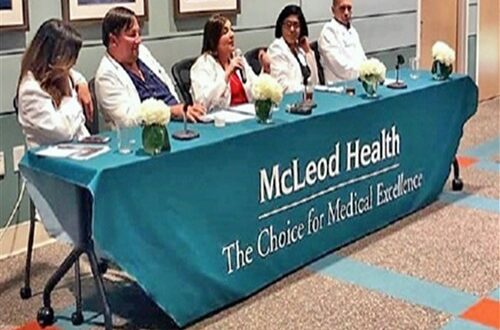 Pictured, left to right, are Dr. Viki Papathanasiou of McLeod Family Medicine Carolina Forest, Dr. Chris McCauley of McLeod OBGYN Seacoast, Dr. Lacie Edmison of McLeod Digestive Health Center Seacoast, Dr. Vaishali Swami of McLeod Cardiology Associates and Dr. Josh Sibille of McLeod Vascular Associates.